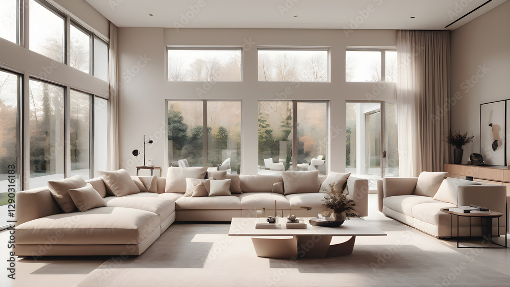 A modern home with large windows, natural light flooding in, a landscaped garden, and minimalist design. Open-plan interior with modern furniture, creating comfort and harmony with nature. A modern home with large windows, natural light flooding in, a landscaped garden, and minimalist design. Open-plan interior with modern furniture, creating comfort and harmony with nature.