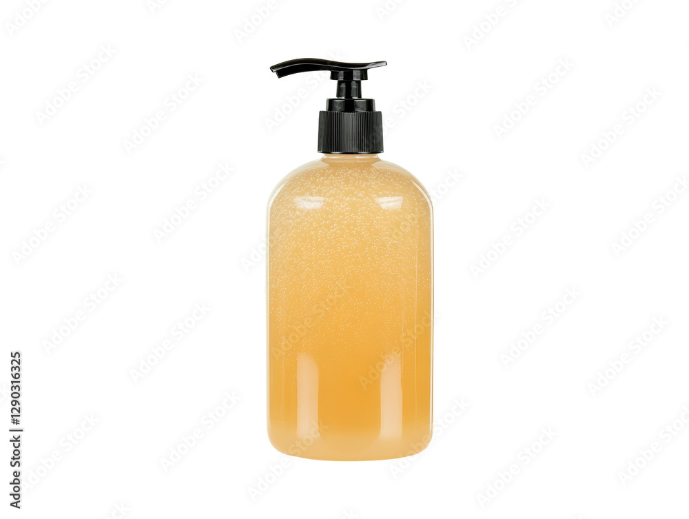 A stylish pump bottle filled with a golden liquid, ideal for personal care or beauty products. A stylish pump bottle filled with a golden liquid, ideal for personal care or beauty products.