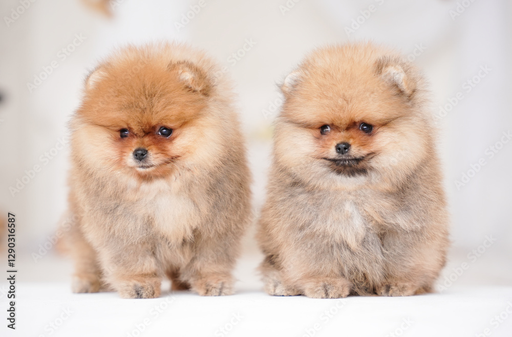 two cute fluffy spitz puppies sitting next to each other against the backdrop of a white room