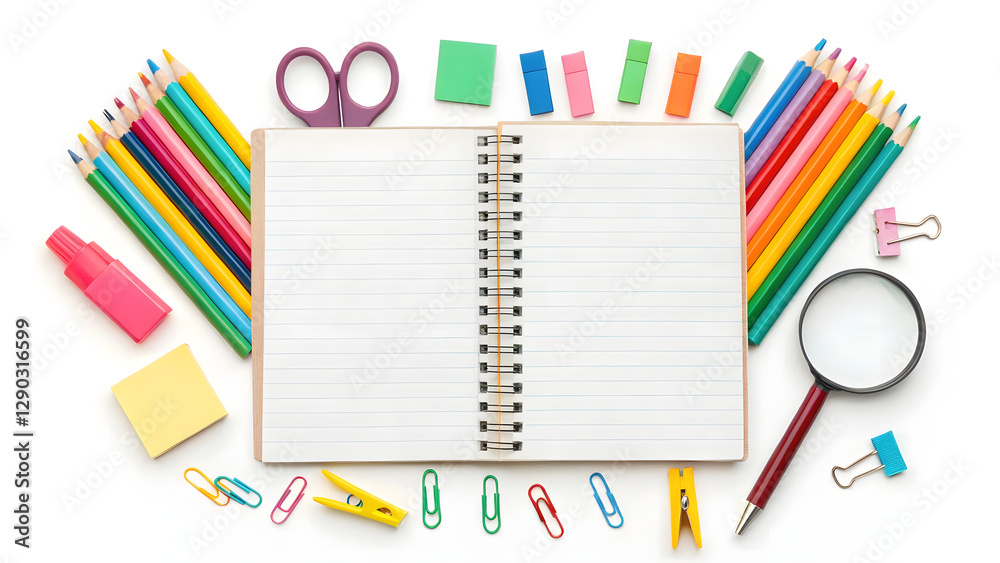 Open spiral notebook with blank pages surrounded by colorful school supplies, pencils, pens, ruler, clips, and magnifying glass on white background Open spiral notebook with blank pages surrounded by colorful school supplies, pencils, pens, ruler, clips, and magnifying glass on white background