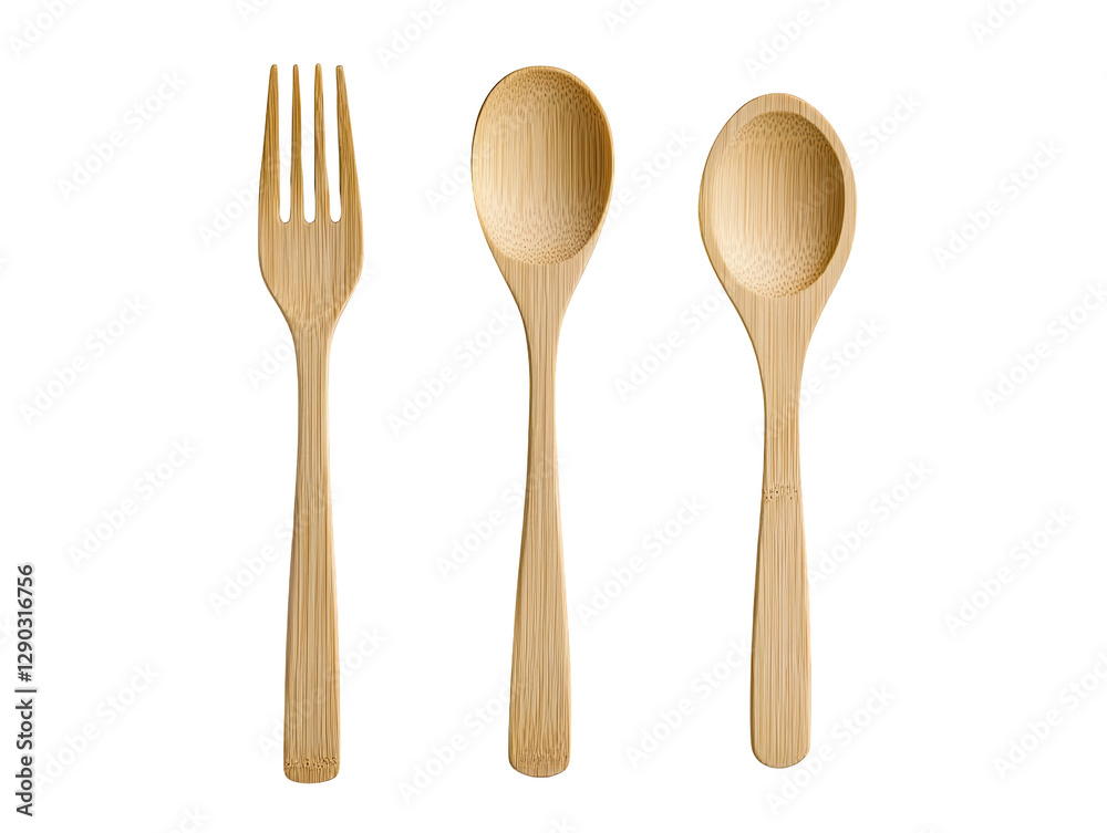 A set of wooden cutlery including a fork and two spoons, showcasing a natural finish and sleek design.