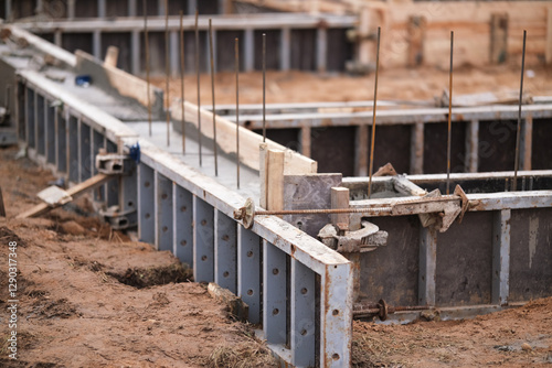 Construction of pile-grillage foundation. Monolithic foundation with metal reinforcement. Monolithic concrete foundation. House construction
