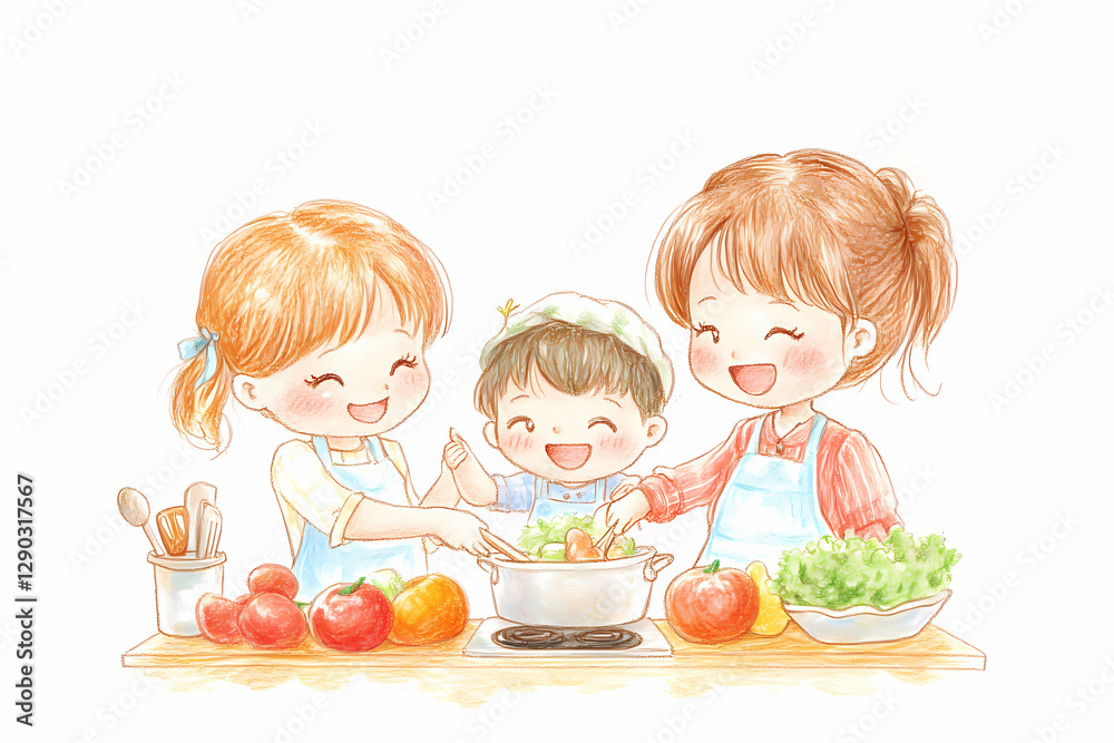 Charming hand-drawn color pencil sketch of a happy family cooking together, enjoying quality time in the kitchen with fresh ingredients Charming hand-drawn color pencil sketch of a happy family cooking together, enjoying quality time in the kitchen with fresh ingredients