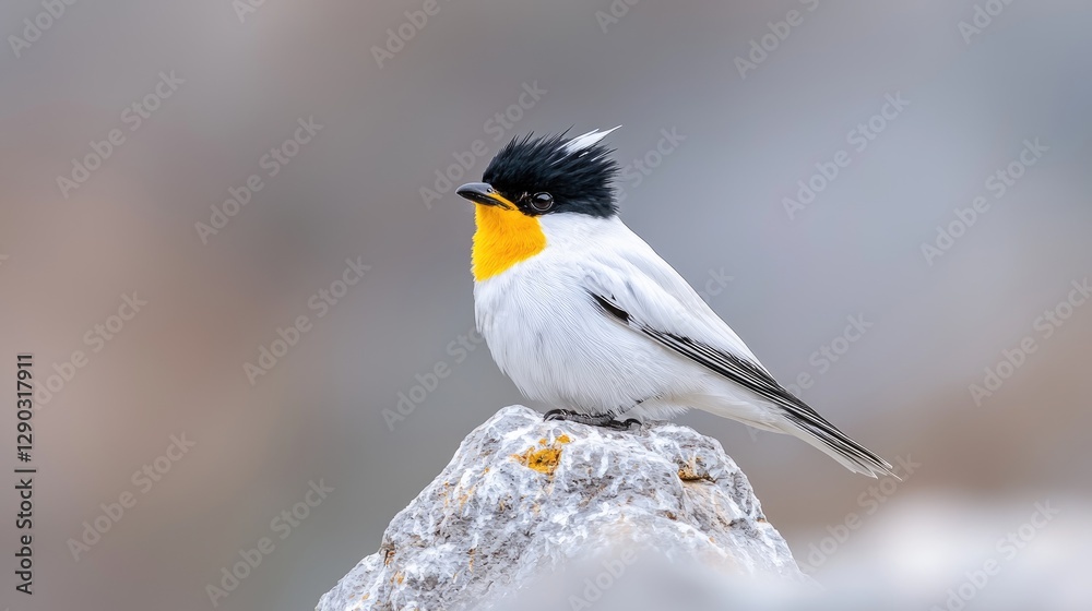 Naklejka premium White-crested bird perched on rock, blurred background, wildlife photography