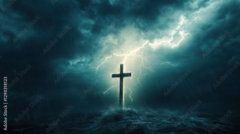 Naklejka premium A stormy sky with a cross illuminated by lightning