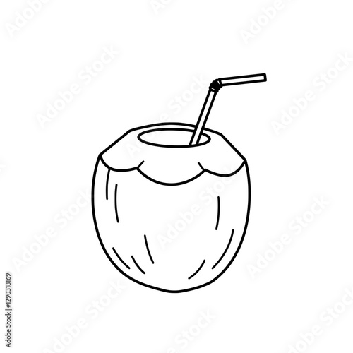 Coconut Delight: A line art illustration captures a refreshing coconut, complete with a straw, promising a taste of tropical paradise.