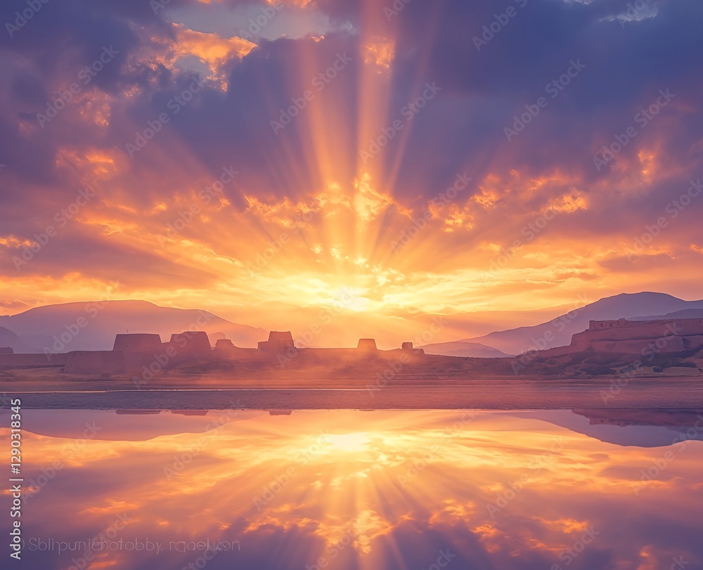 A fortress reflected in the calm sea and illuminated by a golden sunrise A fortress reflected in the calm sea and illuminated by a golden sunrise
