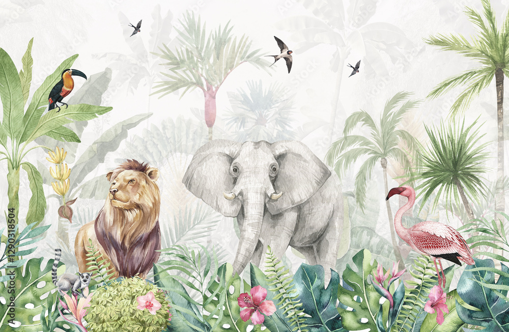 Naklejka premium Mural tropical with animals beautiful wallpaper 