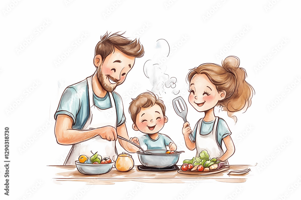 Hand-drawn color pencil sketch of a happy family cooking together in a cozy kitchen, preparing fresh vegetables and sharing joyful moments Hand-drawn color pencil sketch of a happy family cooking together in a cozy kitchen, preparing fresh vegetables and sharing joyful moments