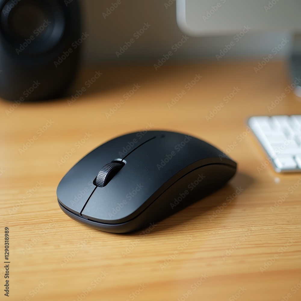 HighQuality Mockup: Black Computer Mouse on Wooden Desk with Speaker and Keyboard. A close up of a computer mouse on a wooden desk. HighQuality Mockup: Black Computer Mouse on Wooden Desk with Speaker and Keyboard. A close up of a computer mouse on a wooden desk.