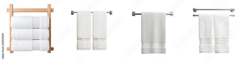Fototapeta premium Luxurious and modern bathroom interior with pristine white towels neatly arranged on a wooden towel rack creating a serene and elegant ambiance The clean