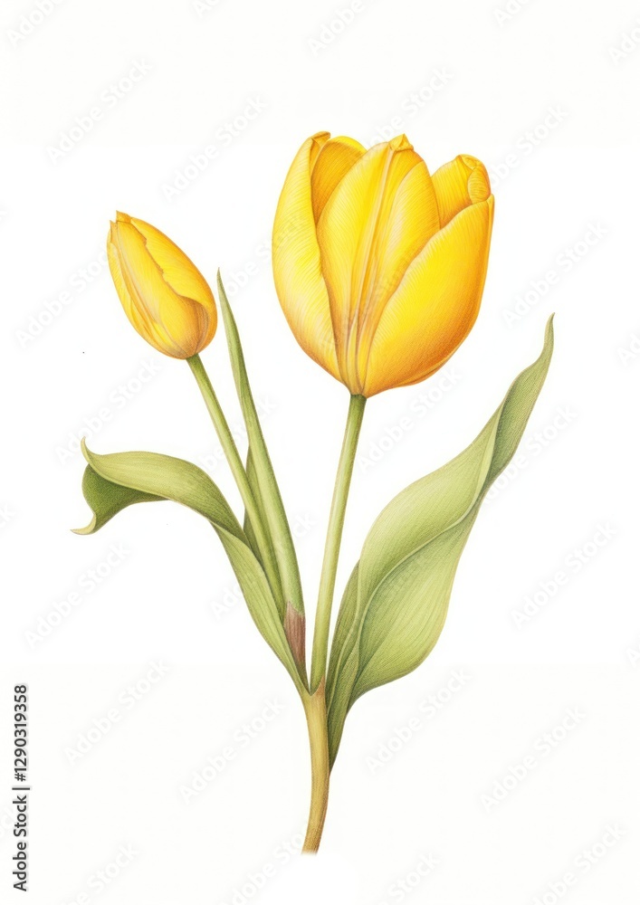 Yellow tulip branch illustration botanical realistic. Yellow tulip branch illustration botanical realistic.