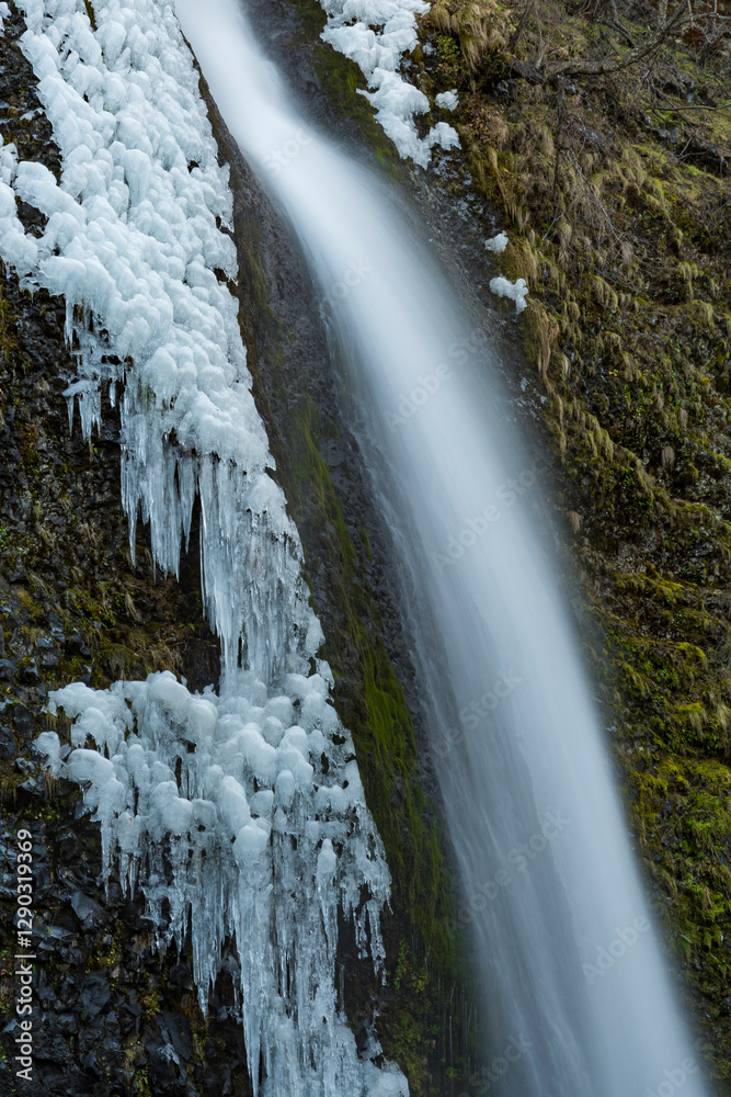 Obraz premium A stunning waterfall cascades down a rocky cliff, surrounded by beautiful ice formations and lush green moss, showcasing nature's beauty and winter's touch.
