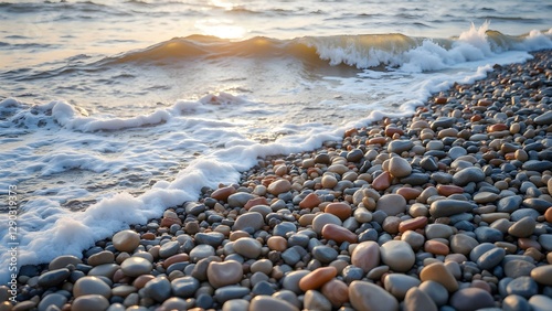 Scenic Pebble Beach with Gentle Ocean Waves at Sunset