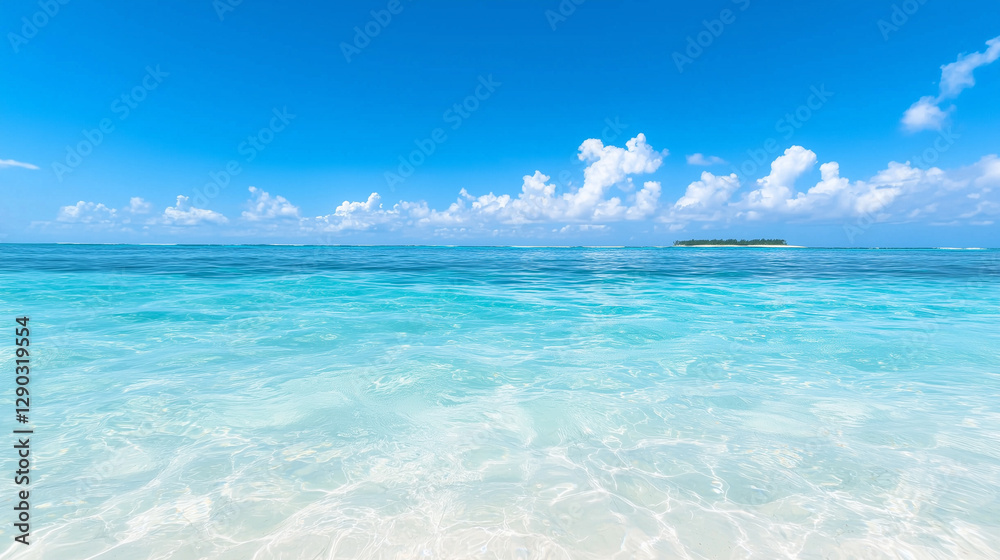 tranquil beach with clear blue water and distant island under bright sky tranquil beach with clear blue water and distant island under bright sky