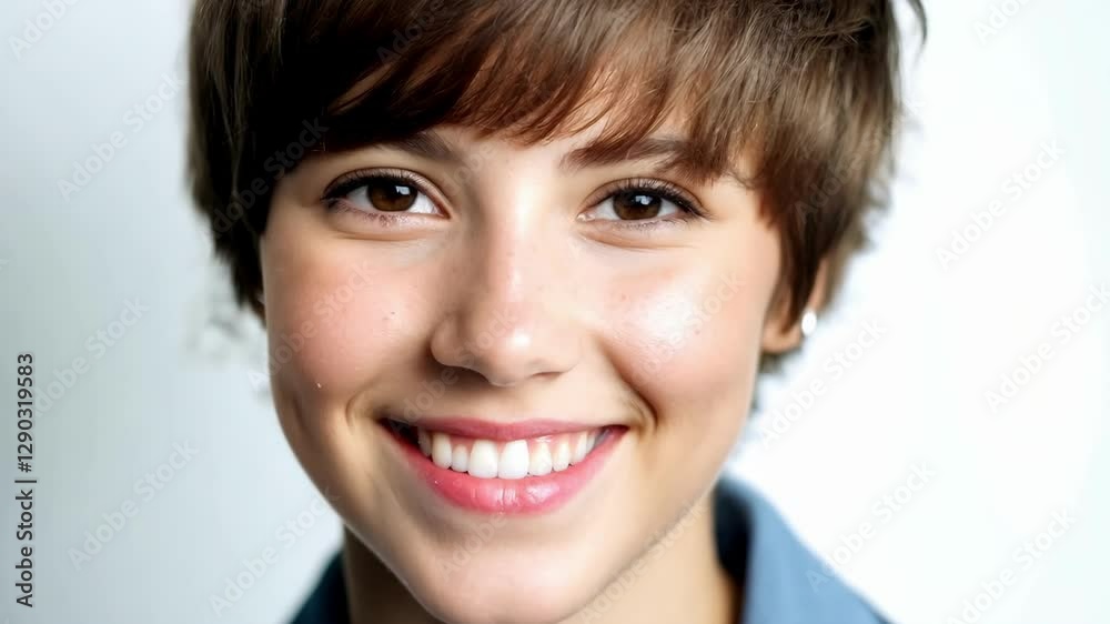 A young person with short hair beams a warm smile in a well-lit environment. Their joyful expression creates a positive atmosphere and encourages connection.