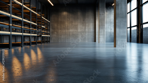 Modern storage racks in minimalistic warehouse with concrete floors