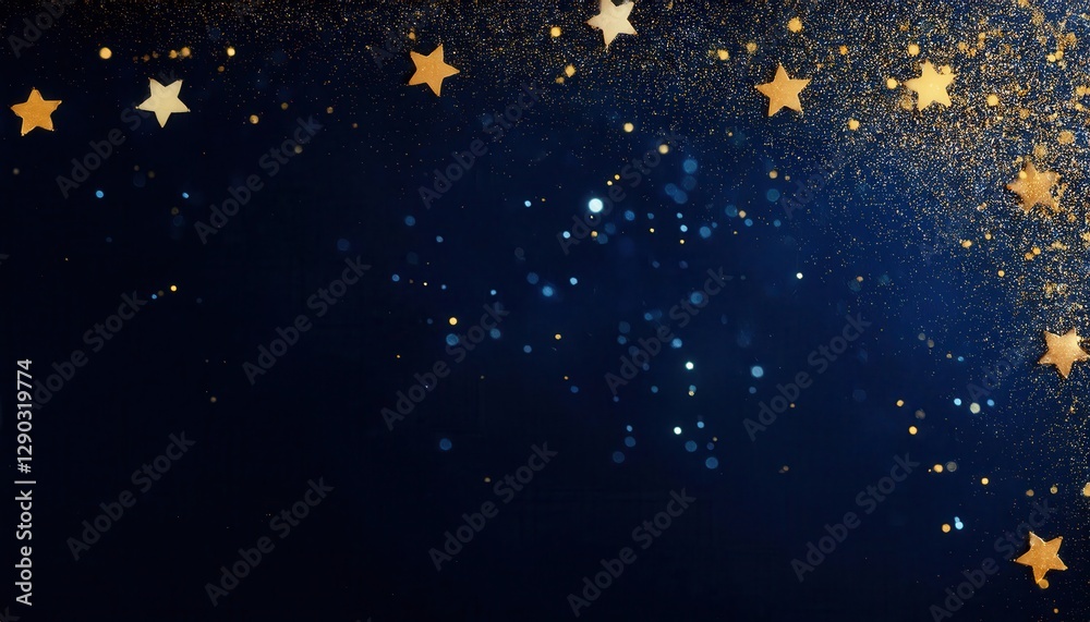 Fototapeta premium luxury golden glitter and glowing stars on deep navy blue background, festive sparkling light effect for elegant designs
