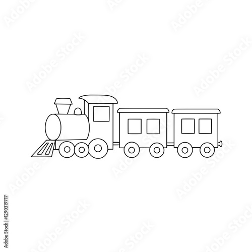 Toy Train Illustration: A simple illustration of a classic toy train, designed with a child-friendly aesthetic. It depicts a locomotive engine pulling two connected carriages.