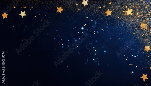 luxury golden glitter and glowing stars on deep navy blue background, festive sparkling light effect for elegant designs

