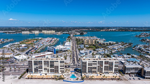 Madeira Beach, FL, USA - 02-23-2025:  Winter aerial image of the vacation beach community, Madeira Beach, on the Gulf of Mexico.