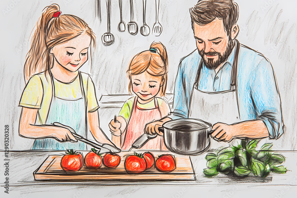 Hand-drawn color pencil sketch of a happy family cooking together in a cozy kitchen, preparing fresh vegetables and sharing joyful moments Hand-drawn color pencil sketch of a happy family cooking together in a cozy kitchen, preparing fresh vegetables and sharing joyful moments