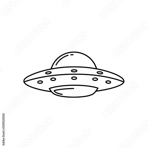 Extraterrestrial Encounter: A sleek, stylized illustration of a classic flying saucer, rendered in stark black lines, hinting at the mysteries of outer space and the allure of the unknown.