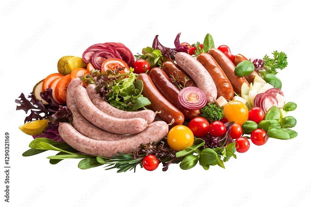 Sausages assortment with salad isolated on white background Sausages assortment with salad isolated on white background