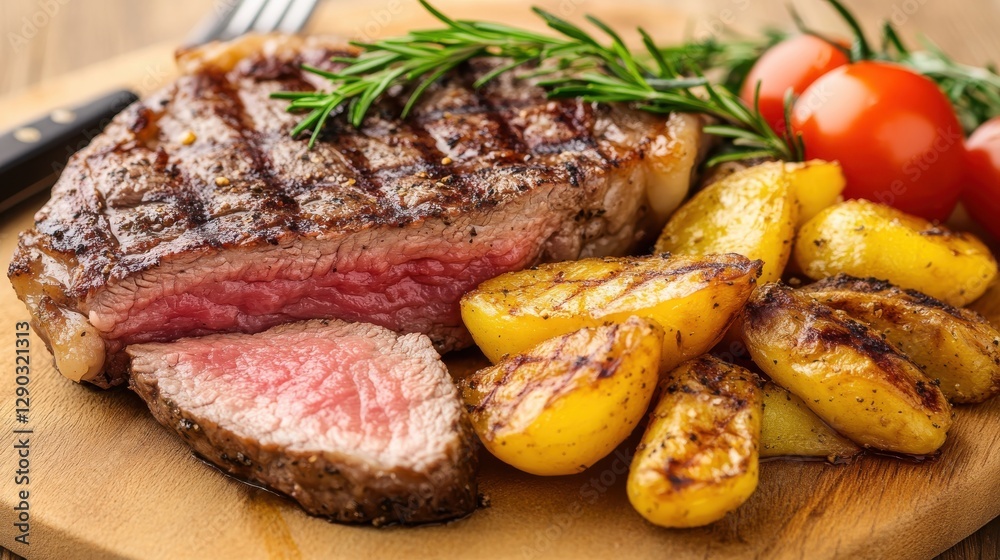Grilled Steak with Rosemary Garnish and Roasted Potatoes on Wooden Cutting Board Grilled Steak with Rosemary Garnish and Roasted Potatoes on Wooden Cutting Board