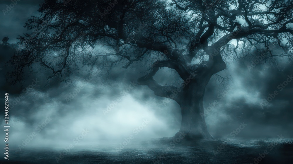 Obraz premium Mysterious foggy forest, ancient tree, eerie night, Halloween background
