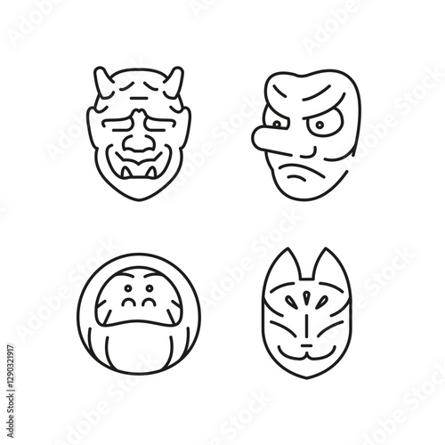 Asian Masks icons. Set of 4 Asian Culture masks trendy minimal icons. Example: Cat mask. Design signs for web page, mobile app, packaging design. Vector illustration.