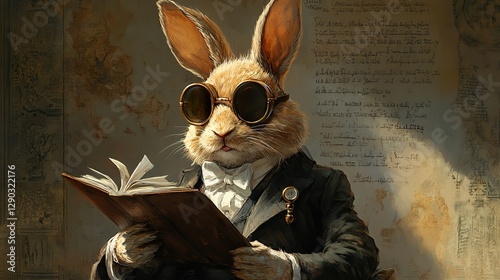 Anthropomorphic rabbit reads book wearing suit and spectacles