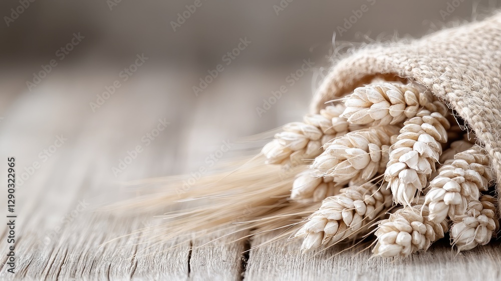 Wheat Ears in Burlap Sack on Wooden Table Wheat Ears in Burlap Sack on Wooden Table