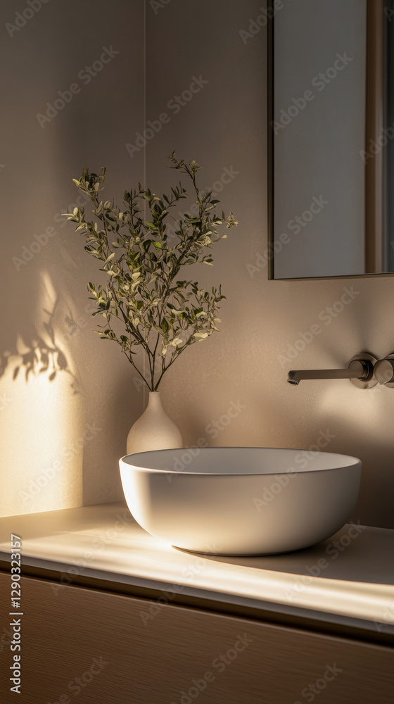 Sunlit Minimalist Bathroom with Elegant Vessel Sink and Natural Decor - Generative AI Sunlit Minimalist Bathroom with Elegant Vessel Sink and Natural Decor - Generative AI