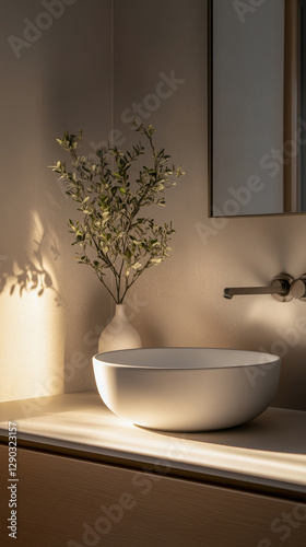Wallpaper Mural Sunlit Minimalist Bathroom with Elegant Vessel Sink and Natural Decor - Generative AI Torontodigital.ca