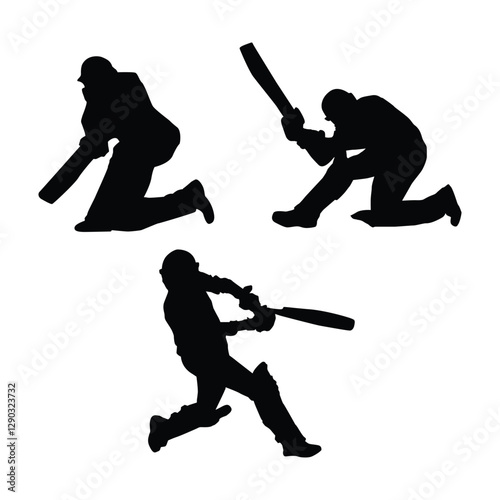 Set of cricket batsman shot, batsman black silhouettes shapes drawing illustration Vol 06n