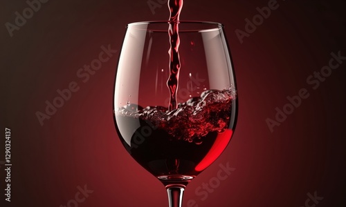 A close-up of red wine being poured into a glass, with bubbles rising and the deep crimson hue contrasting against a dark, moody backdrop photo