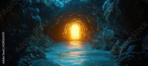 An empty tomb with a glowing light inside, representing resurrection crisp edges