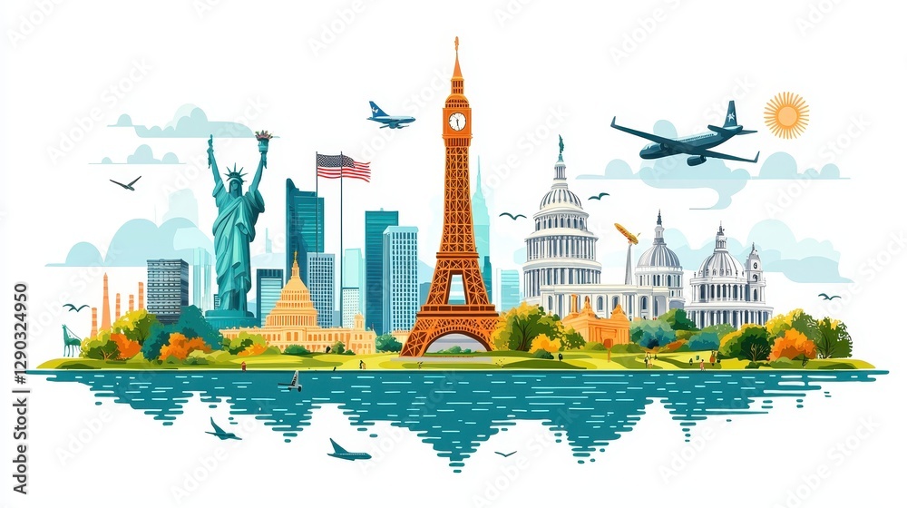 Obraz premium Global cities illustrated aerial views of cultural icons and landmarks