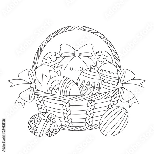 Coloring sheet with basket of eggs, easter element outline printable