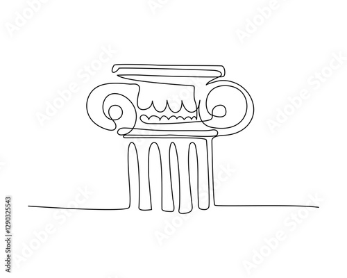 One line illustration of an Ionic column with intricate spiral details and a classic architectural structure. The continuous line art style emphasizes simplicity and elegance. Vector illustration.