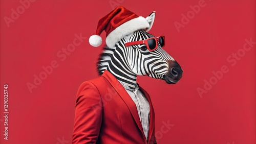 Zebra's Holiday Look: An amusing and quirky image of a zebra wearing a Santa hat and sunglasses, dressed in a red suit and posing in front of a plain red backdrop