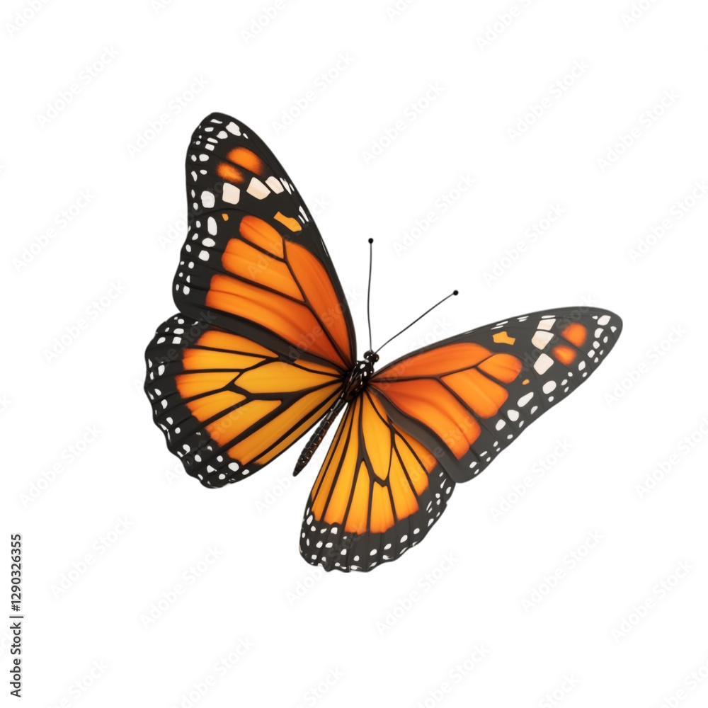 Fototapeta premium Monarch Butterfly in Flight Orange Wings Black Background