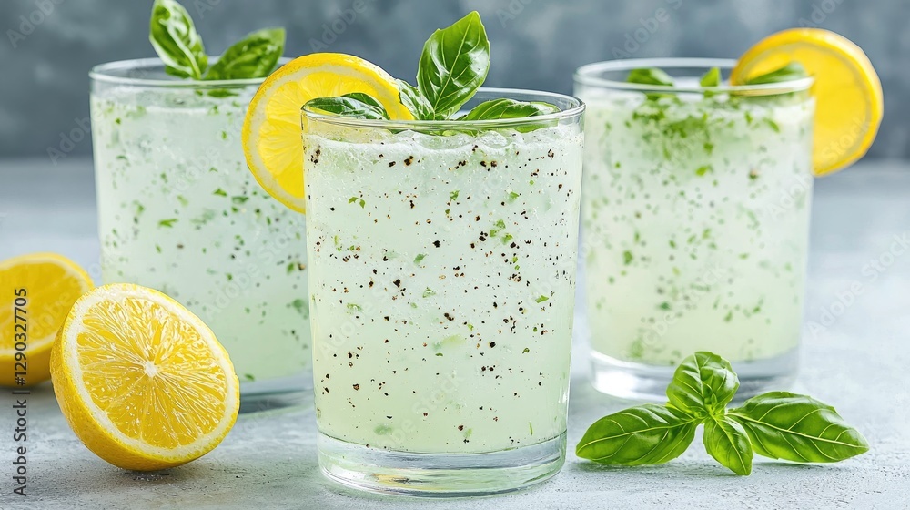 Fototapeta premium Refreshing basil lemonade in glasses, light grey background. Possible stock photo use