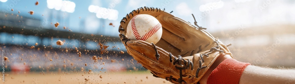 Fototapeta premium A close-up of a baseball glove catching a ball during an exciting game.