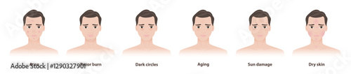 Skin problems in men vector illustration isolated on white background. Skin concerns men face, acne, pimple, razor burn, dark circles, aging, wrinkles, sun damage and dry skin. Men skin care concept.
