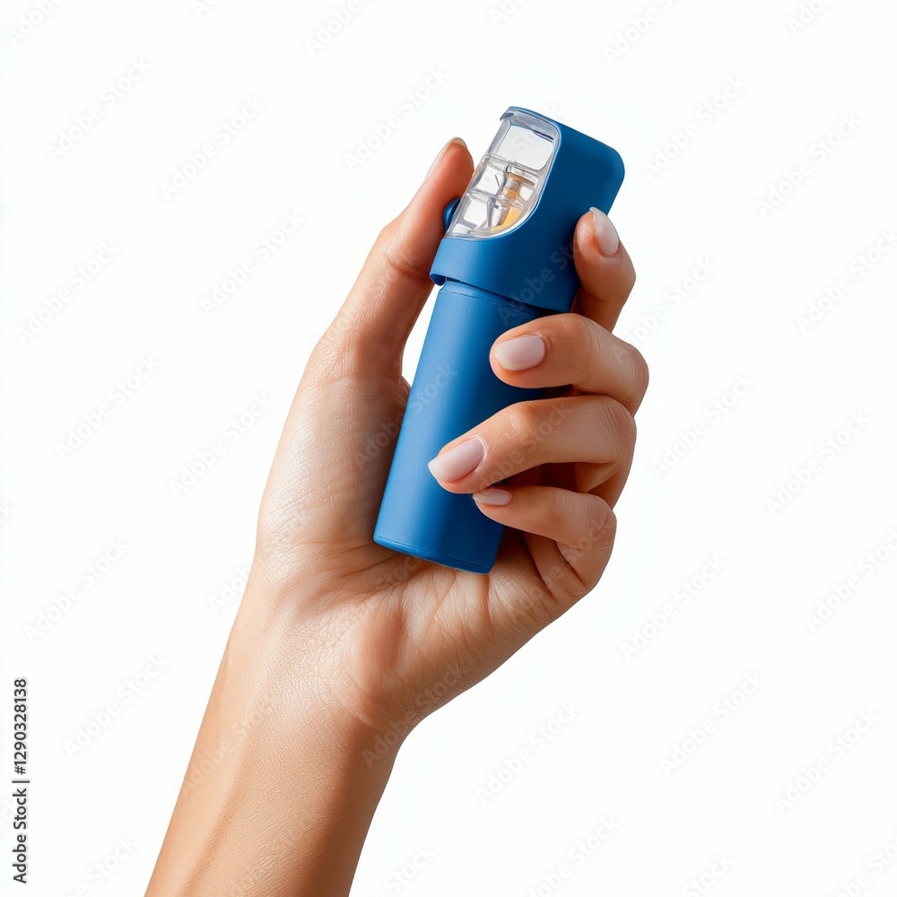 Fototapeta premium Hand Holding a Blue Portable Flashlight for Camping and Outdoor Activities in Bright Environment