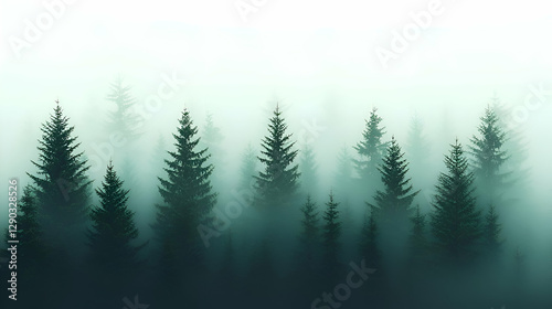 Misty Forest Landscape with Dark Green Pine Trees