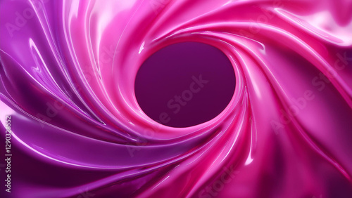 A swirling, abstract composition featuring a vortex-like form with a deep purple center, transitioning to vibrant pink and violet hues with glossy, reflective surfaces.