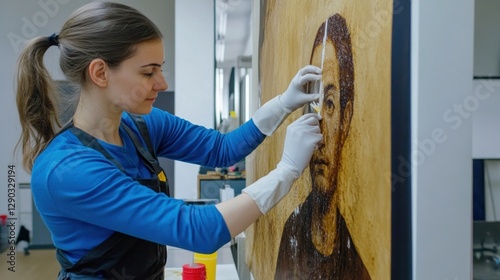 A conservator focuses on carefully cleaning and restoring an old portrait in a modern, minimalist studio during daylight hours